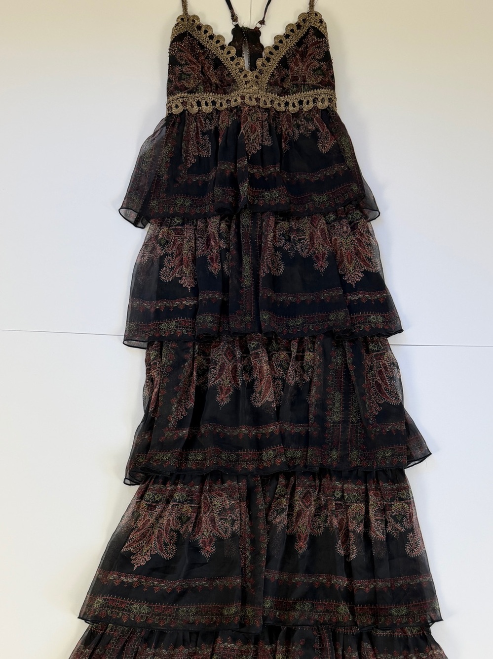 Free People Paisley Tiered Sheer Maxi Dress Gold Trim Boho Festival 2 - Picture 2 of 6